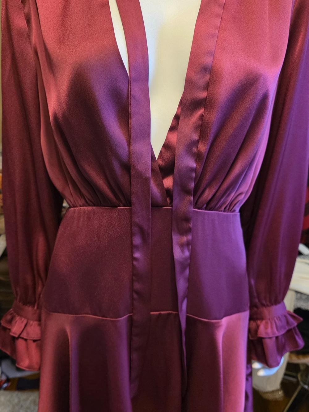 Berry Satin Deep V-Neck Dress